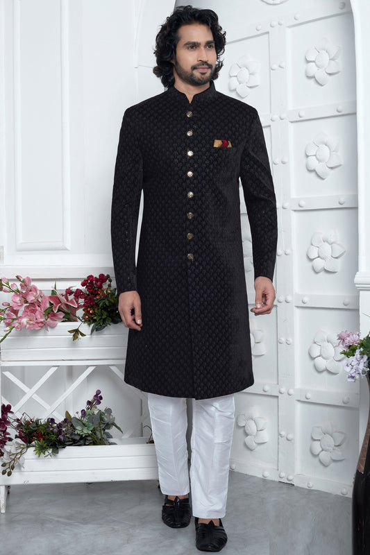 Embroidered Black Velvet Silk Sherwani (NMK-7883) - Nihal Fashions
