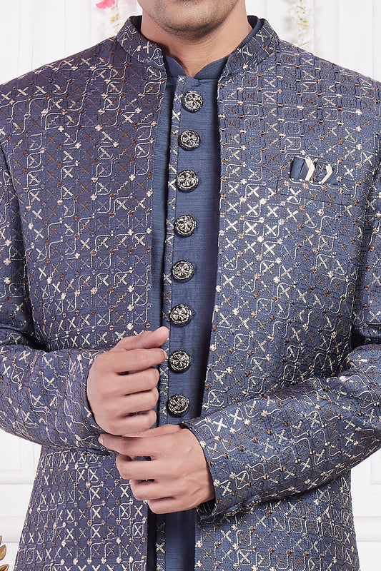 Embroidered Blue Art Silk 3 piece Jacket Set (NMK-8408) - Nihal Fashions