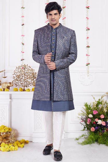 Embroidered Blue Art Silk 3 piece Jacket Set (NMK-8408) - Nihal Fashions