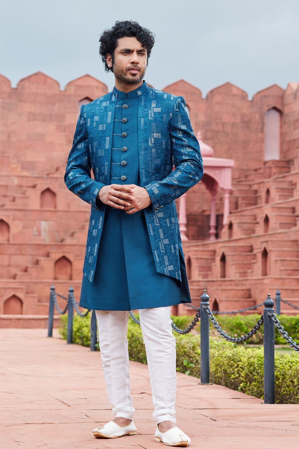 Embroidered Blue Art Silk Indo Western (NMK-7104) - Nihal Fashions