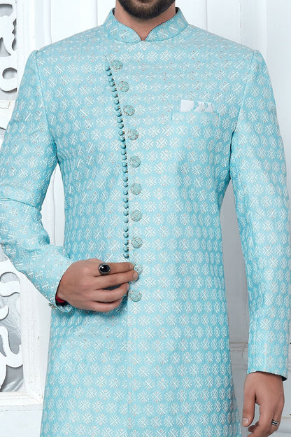 Embroidered Blue Art Silk Indo Western (NMK-7198) - Nihal Fashions