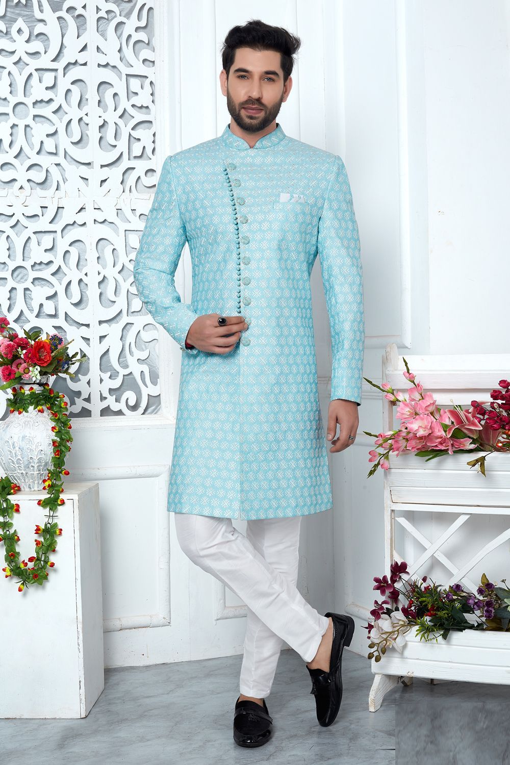 Embroidered Blue Art Silk Indo Western (NMK-7198) - Nihal Fashions