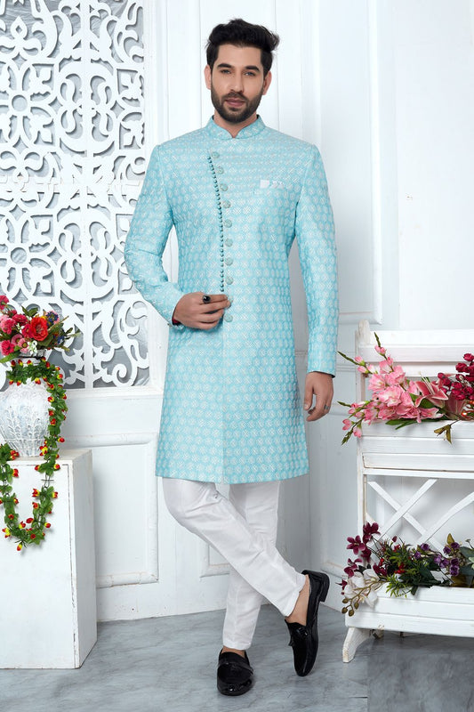 Embroidered Blue Art Silk Indo Western (NMK-7198) - Nihal Fashions