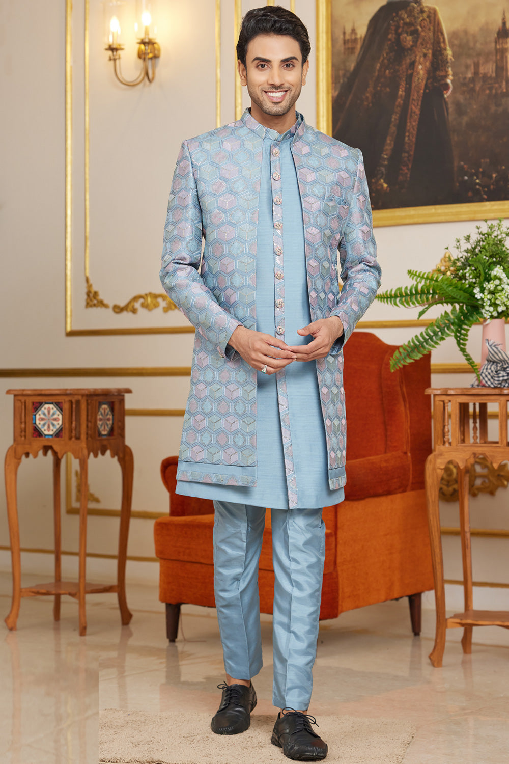 Embroidered Blue Art Silk Indo Western (NMK-8267) - Nihal Fashions