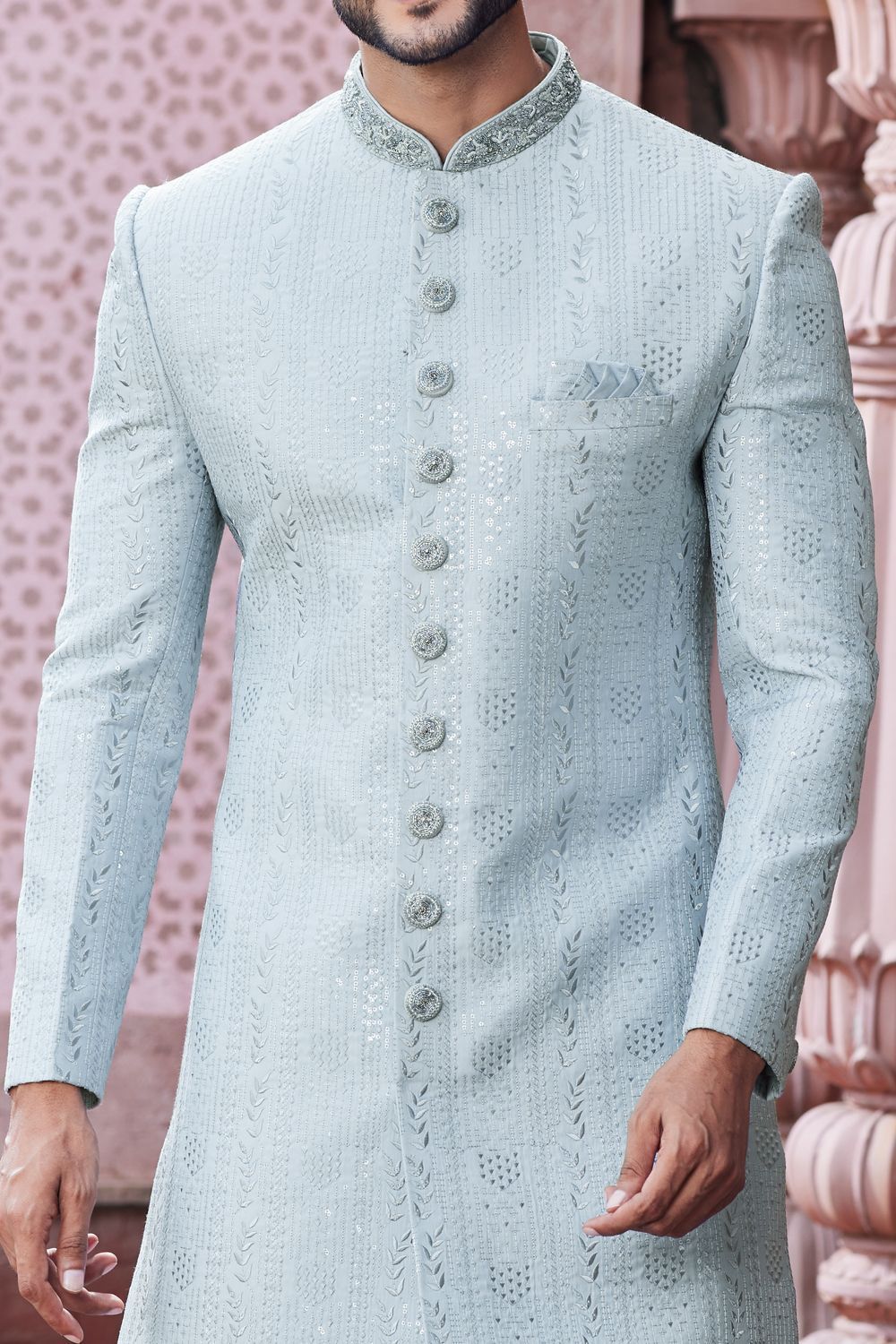 Embroidered Blue Art Silk Sherwani (NMK-7114) - Nihal Fashions