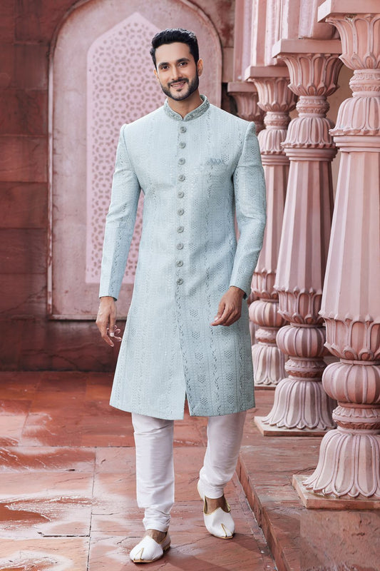 Embroidered Blue Art Silk Sherwani (NMK-7114) - Nihal Fashions