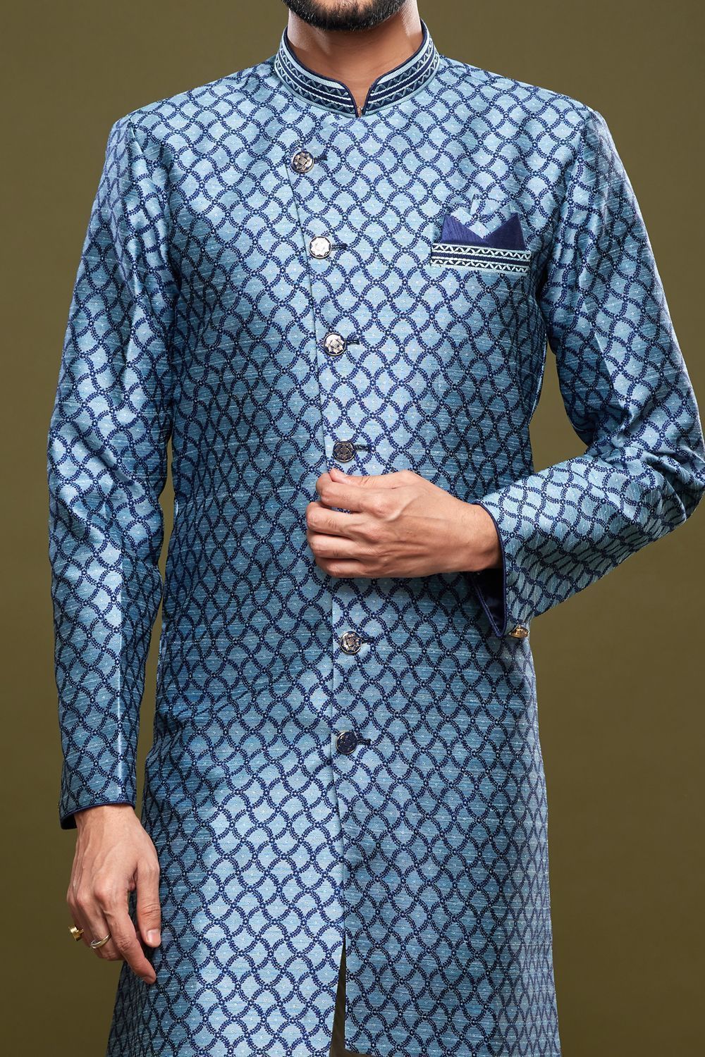 Embroidered Blue Banarasi Jaquard Indo Western (NMK-7037) - Nihal Fashions