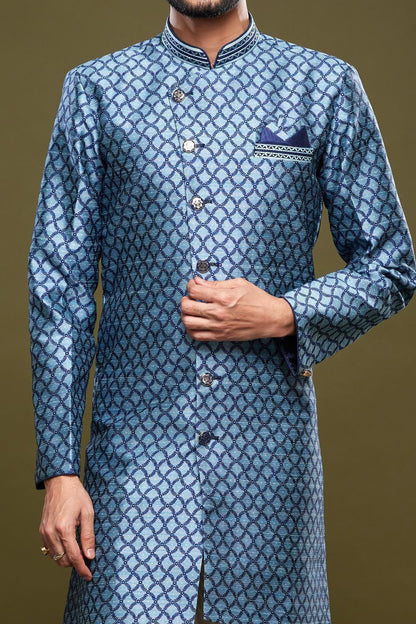 Embroidered Blue Banarasi Jaquard Indo Western (NMK-7037) - Nihal Fashions
