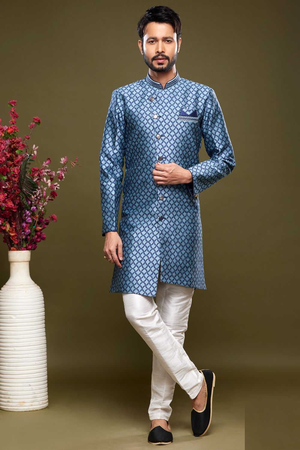 Embroidered Blue Banarasi Jaquard Indo Western (NMK-7037) - Nihal Fashions