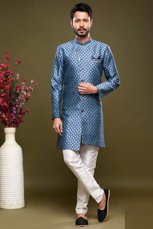 Embroidered Blue Banarasi Jaquard Indo Western (NMK-7037) - Nihal Fashions
