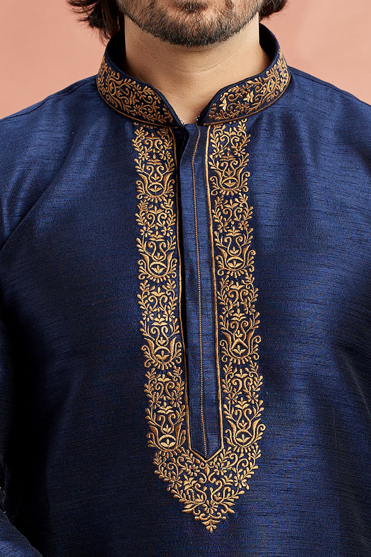 Embroidered Blue Banarasi Silk Kurta Pajama (NMK-7941) - Nihal Fashions