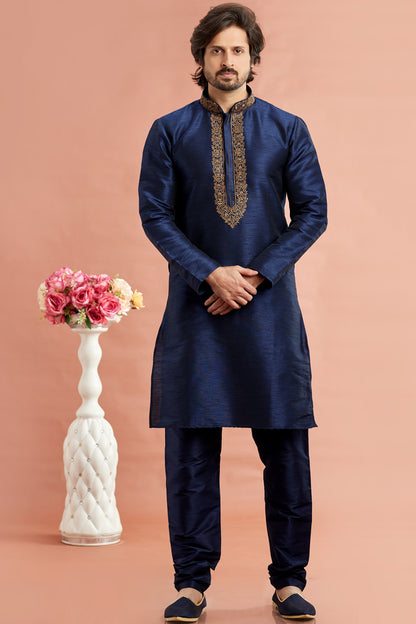 Embroidered Blue Banarasi Silk Kurta Pajama (NMK-7941) - Nihal Fashions