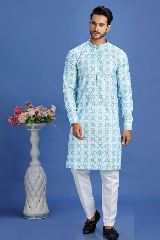 Embroidered Blue Cotton Kurta Pajama (NMK-7517) - Nihal Fashions