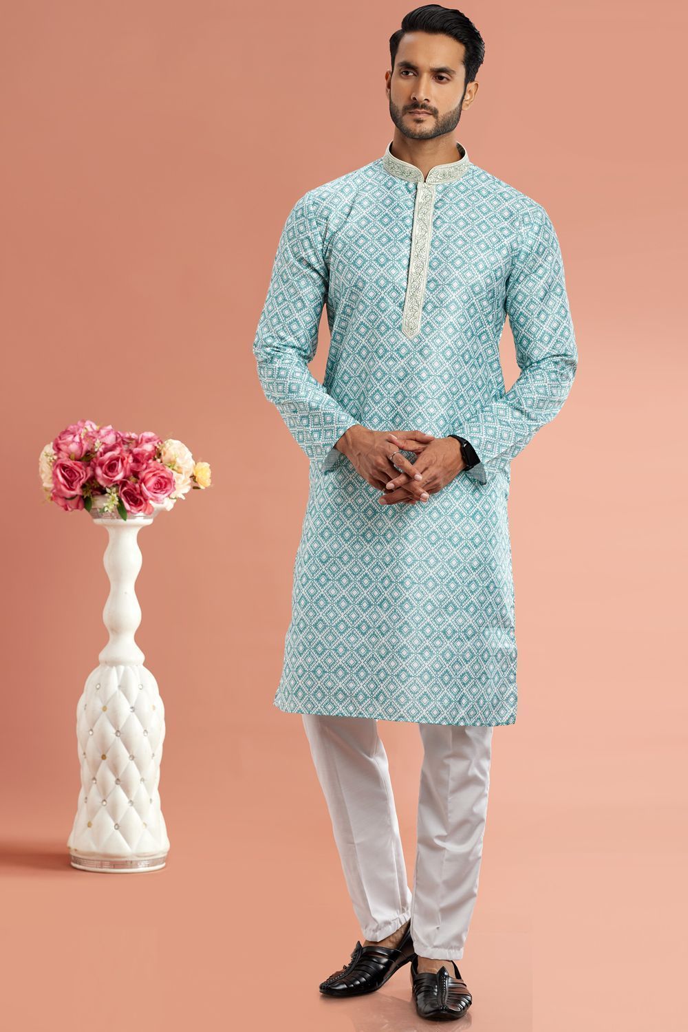 Embroidered Blue Cotton Kurta Pajama (NMK-7533) - Nihal Fashions