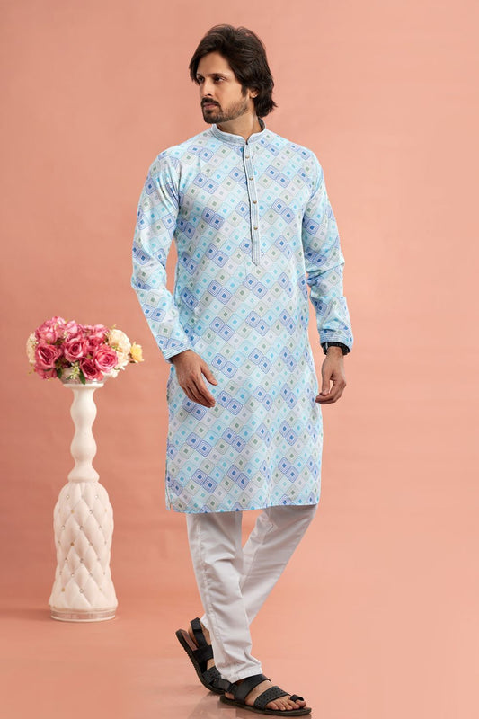 Embroidered Blue Cotton Kurta Pajama (NMK-7546) - Nihal Fashions