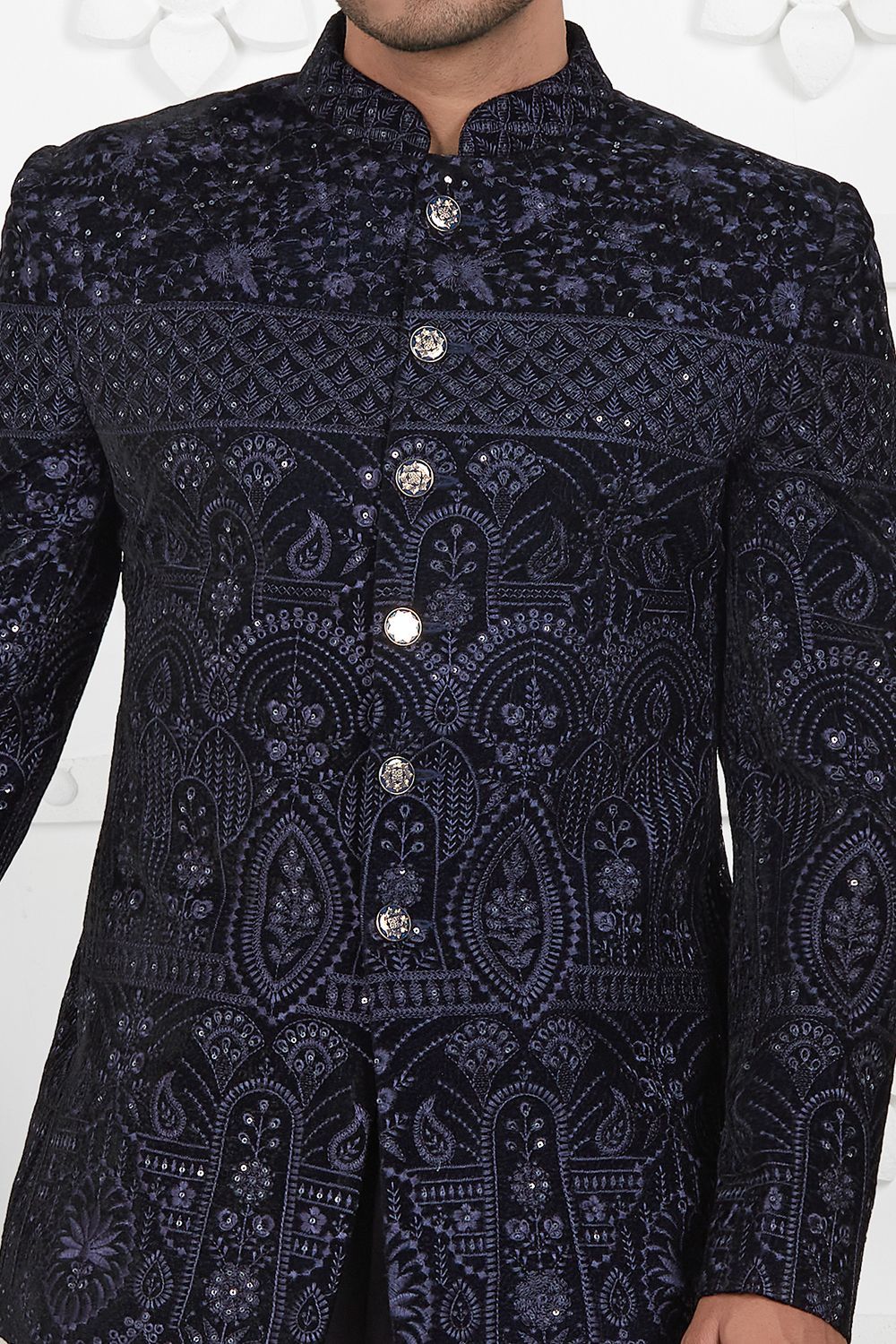 Embroidered Blue Velvet Indo Western (NMK-7214) - Nihal Fashions