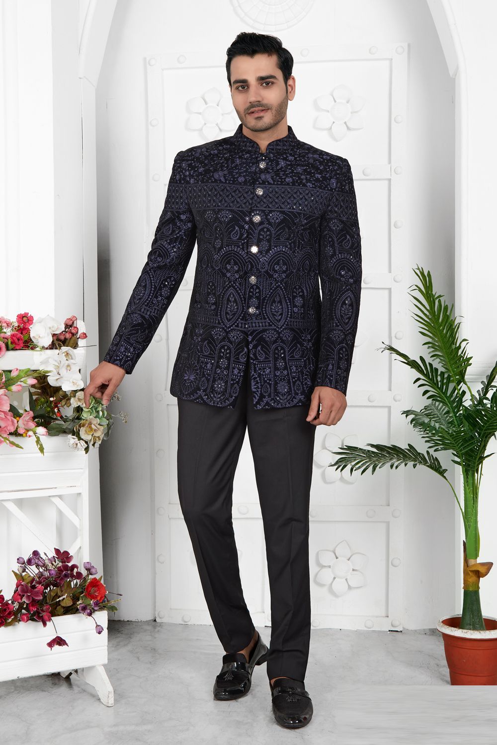 Embroidered Blue Velvet Indo Western (NMK-7214) - Nihal Fashions