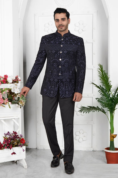 Embroidered Blue Velvet Indo Western (NMK-7214) - Nihal Fashions