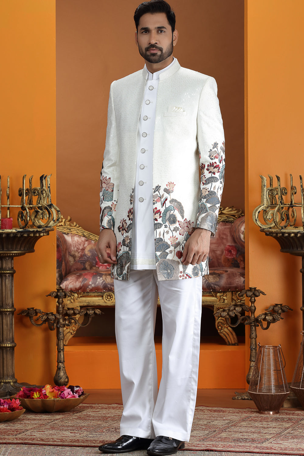 Embroidered Cream Art Silk 3 piece Indo Western (NMK-8639) - Nihal Fashions