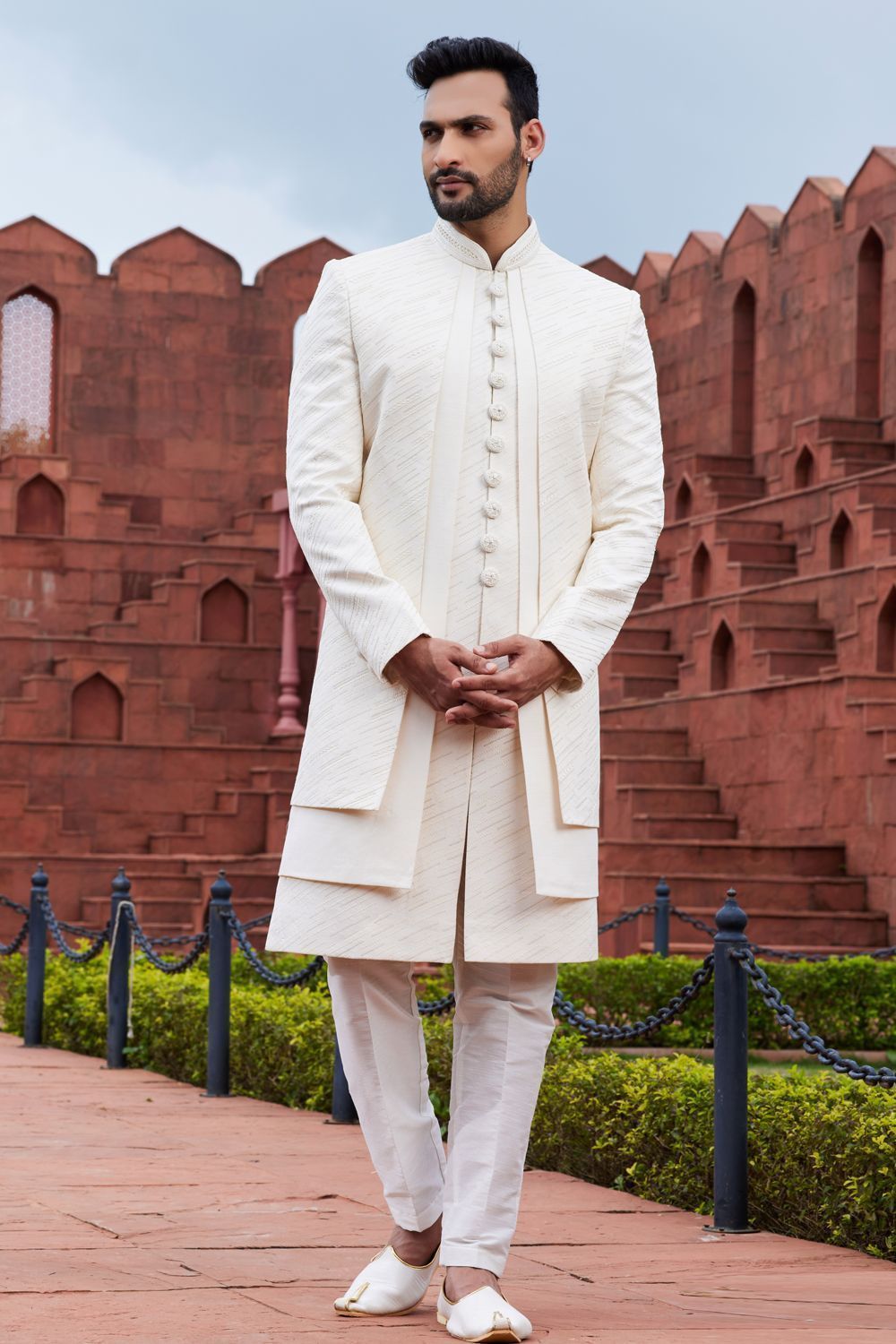 Embroidered Cream Art Silk Indo Western (NMK-7099) - Nihal Fashions