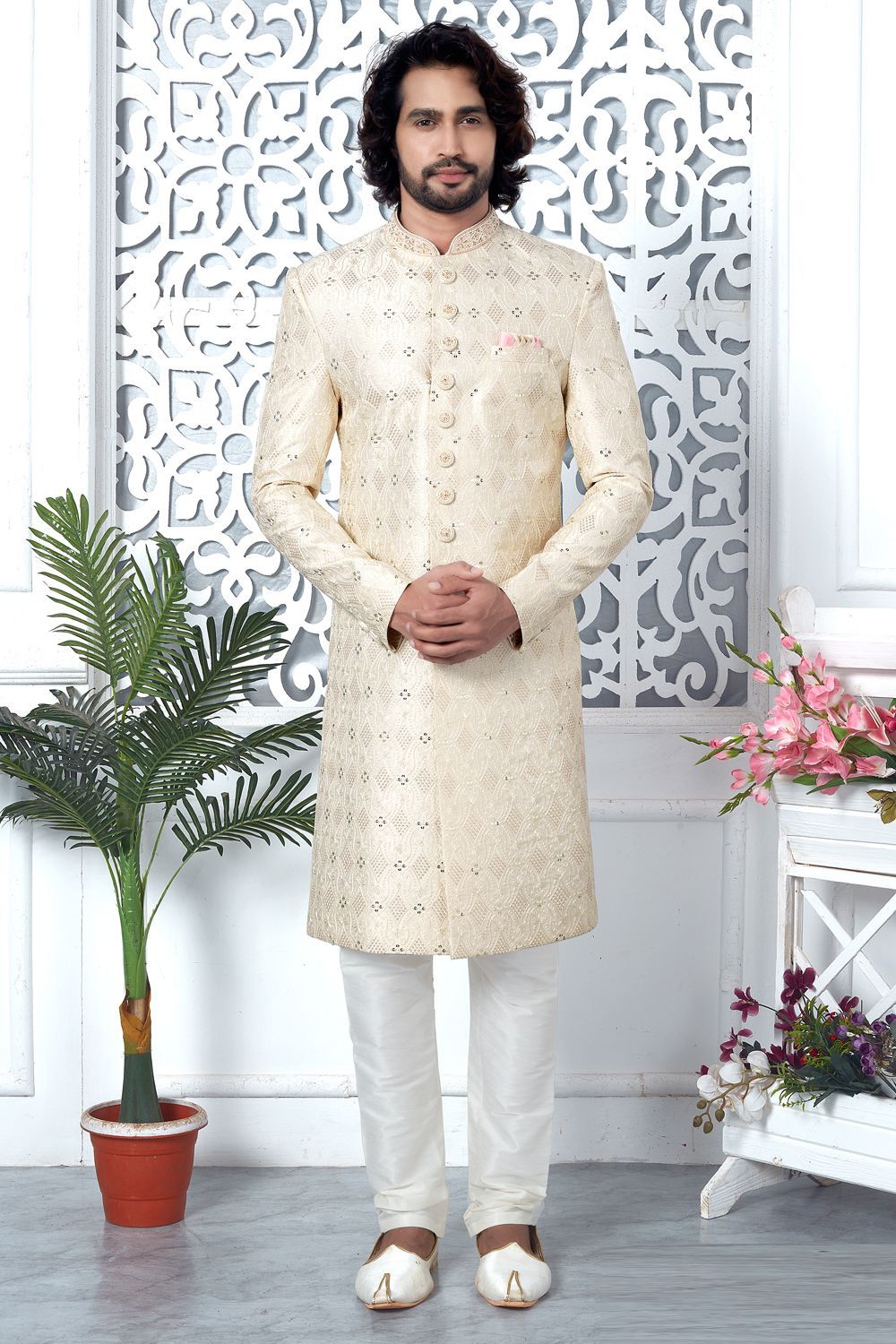Embroidered Cream Art Silk Indo Western (NMK-7691) - Nihal Fashions