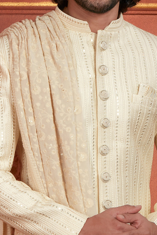 Embroidered Cream Art Silk Sherwani (NMK-7887) - Nihal Fashions