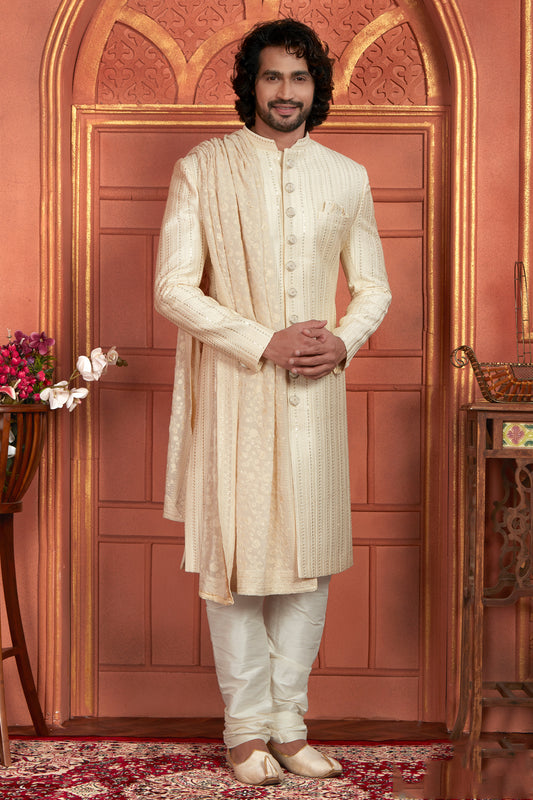 Embroidered Cream Art Silk Sherwani (NMK-7887) - Nihal Fashions