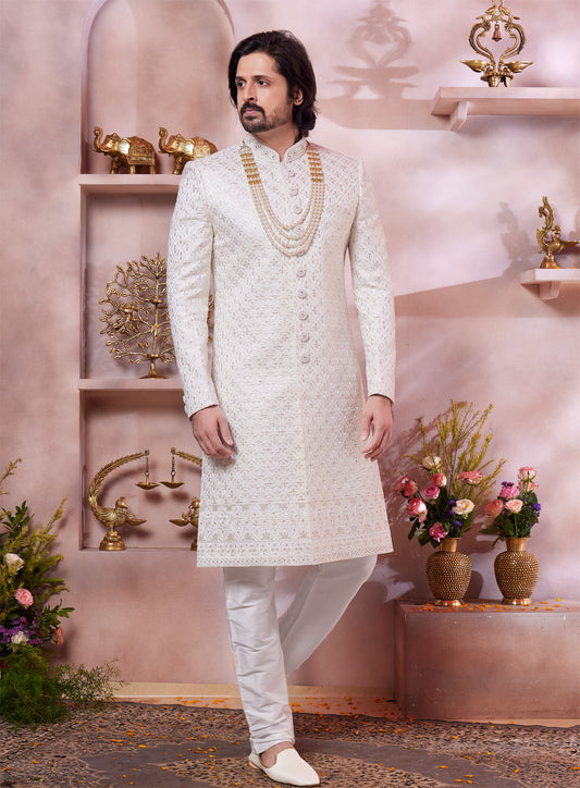 Embroidered Cream Art Silk Sherwani (NMK-8302) - Nihal Fashions