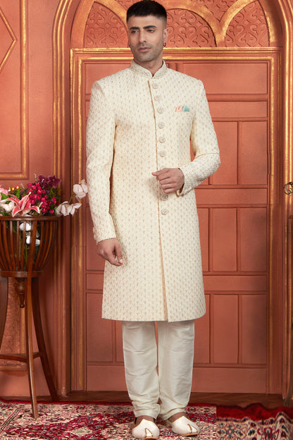 Embroidered Cream Georgette Sherwani (NMK-7893) - Nihal Fashions
