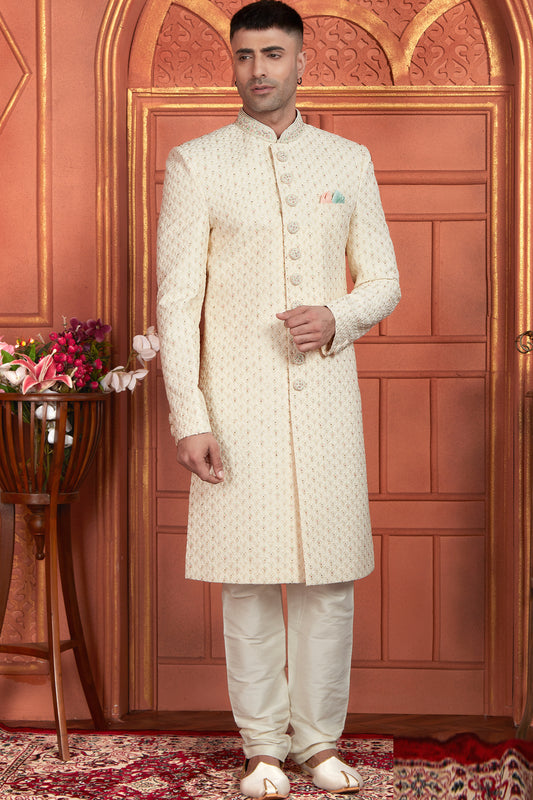 Embroidered Cream Georgette Sherwani (NMK-7893) - Nihal Fashions
