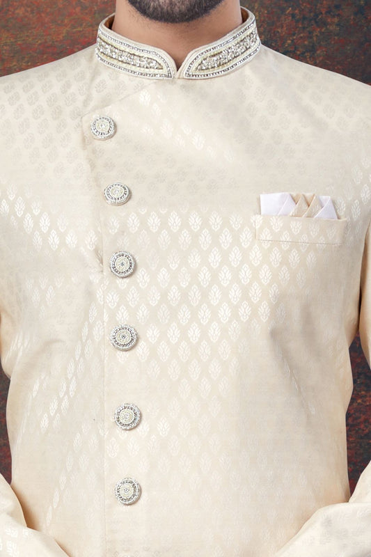 Embroidered Cream Jaquard Indo Western (NMK-7772) - Nihal Fashions