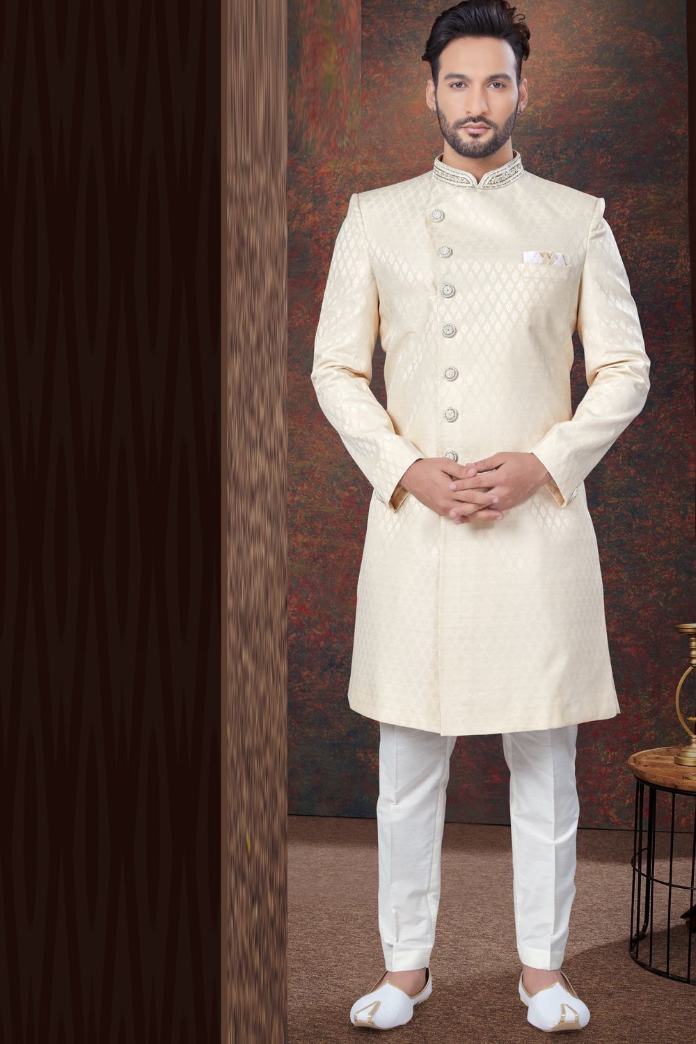 Embroidered Cream Jaquard Indo Western (NMK-7772) - Nihal Fashions