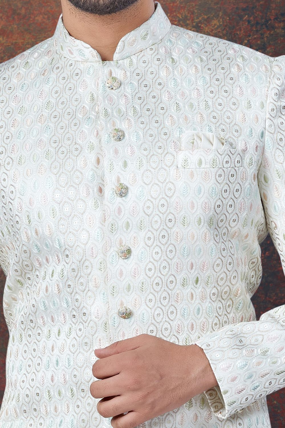 Embroidered Cream Jaquard Indo Western (NMK-7799) - Nihal Fashions