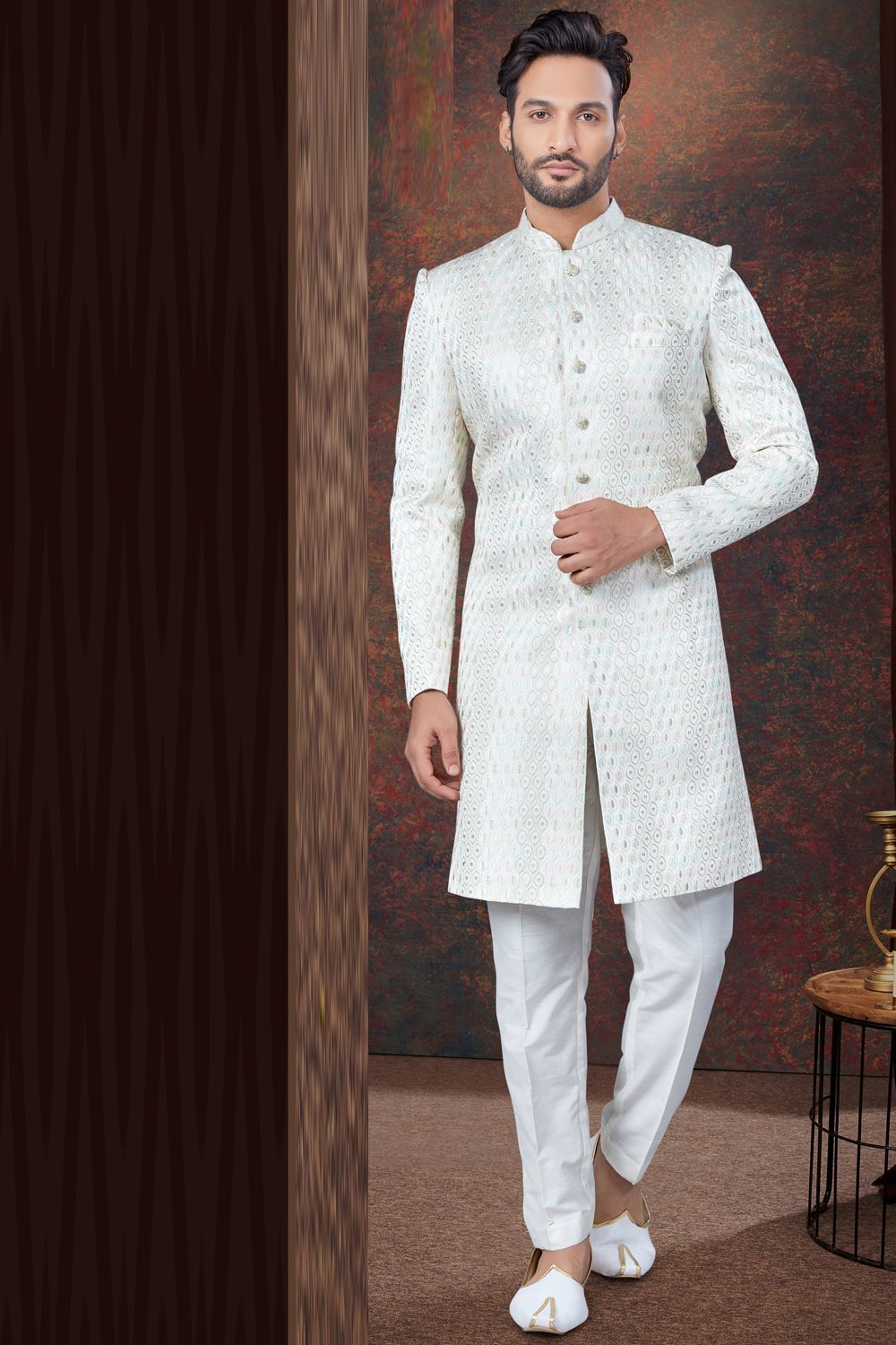 Embroidered Cream Jaquard Indo Western (NMK-7799) - Nihal Fashions