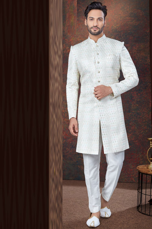 Embroidered Cream Jaquard Indo Western (NMK-7799) - Nihal Fashions