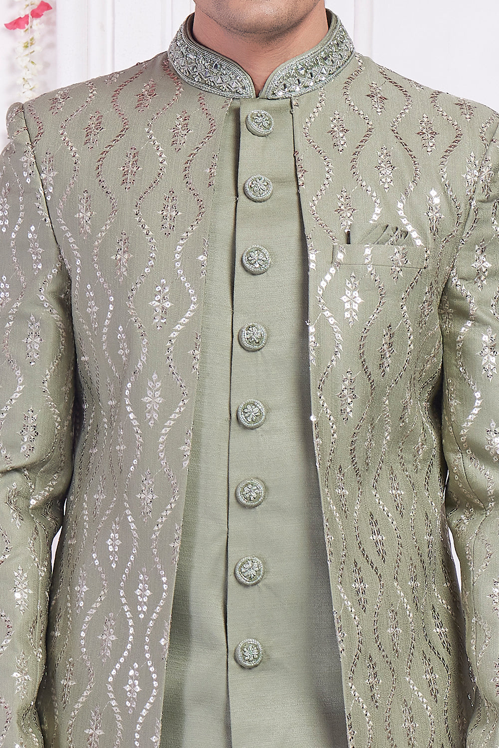 Embroidered Green Art Silk 2 piece Jacket Set (NMK-8396) - Nihal Fashions