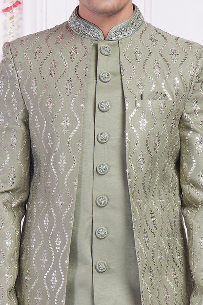 Embroidered Green Art Silk 2 piece Jacket Set (NMK-8396) - Nihal Fashions
