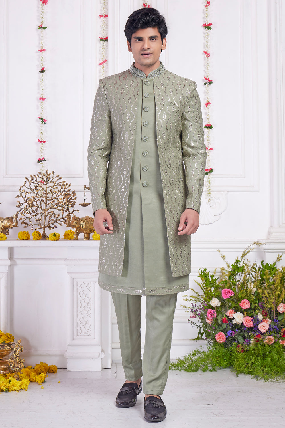 Embroidered Green Art Silk 2 piece Jacket Set (NMK-8396) - Nihal Fashions