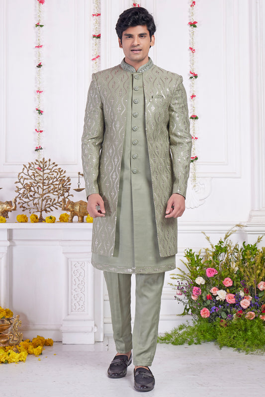 Embroidered Green Art Silk 2 piece Jacket Set (NMK-8396) - Nihal Fashions
