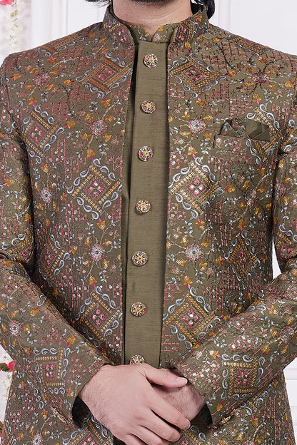 Embroidered Green Art Silk 3 piece Jacket Set (NMK-8400) - Nihal Fashions