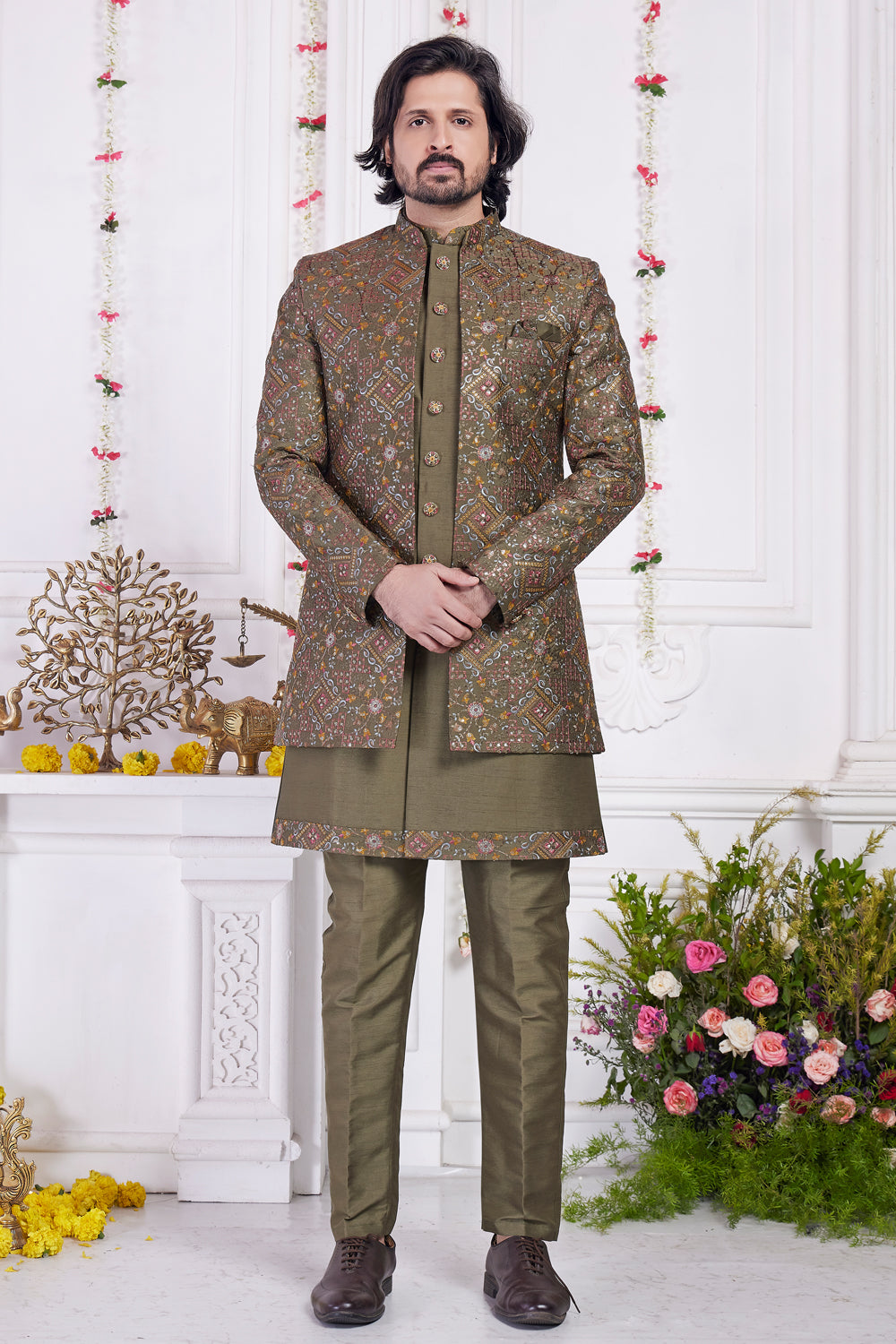 Embroidered Green Art Silk 3 piece Jacket Set (NMK-8400) - Nihal Fashions