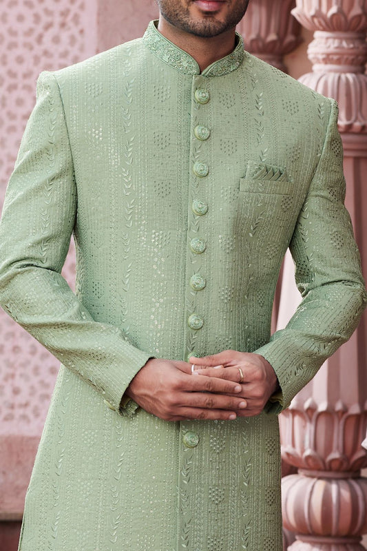 Embroidered Green Art Silk Sherwani (NMK-7116) - Nihal Fashions