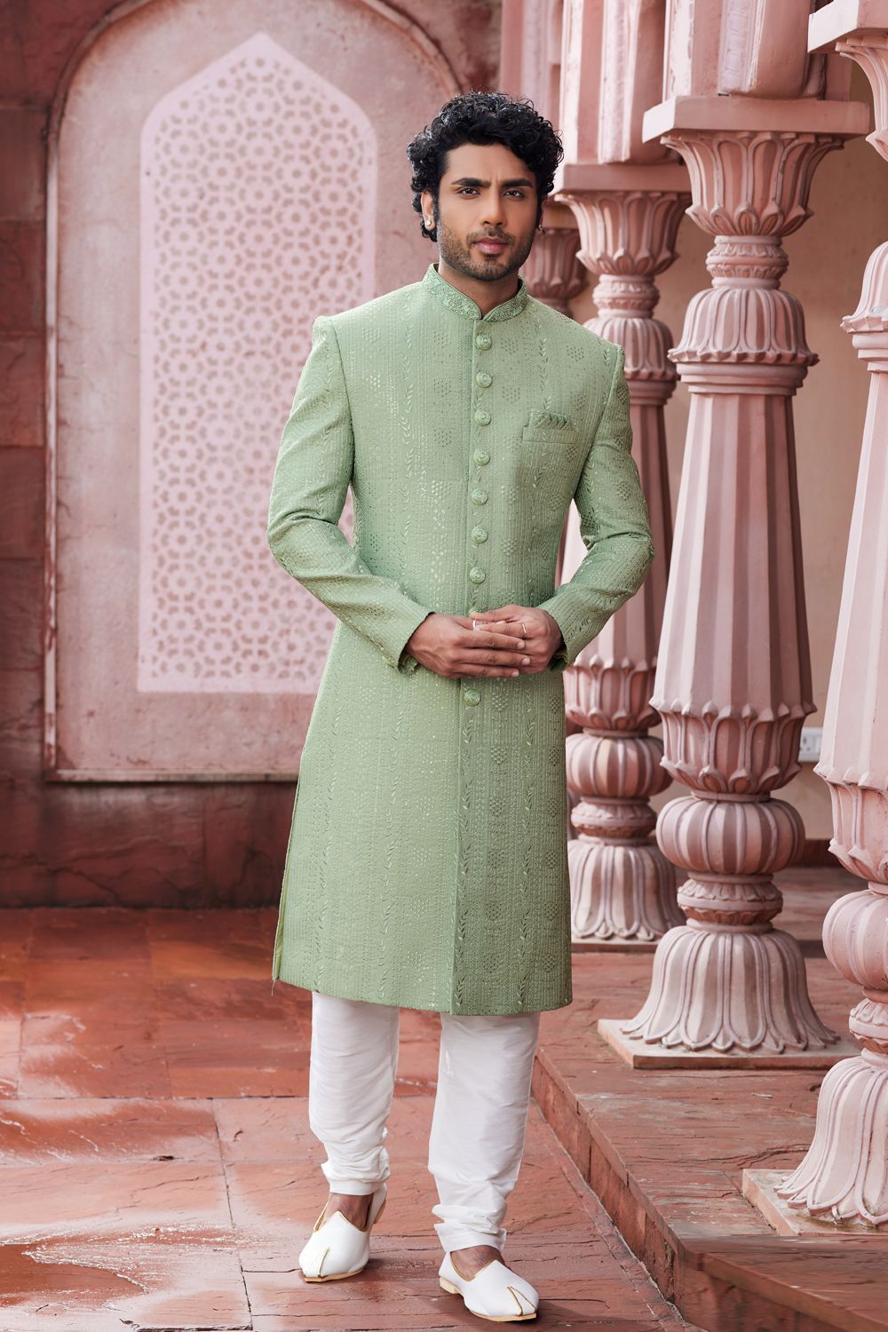 Embroidered Green Art Silk Sherwani (NMK-7116) - Nihal Fashions