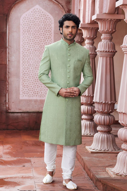 Embroidered Green Art Silk Sherwani (NMK-7116) - Nihal Fashions