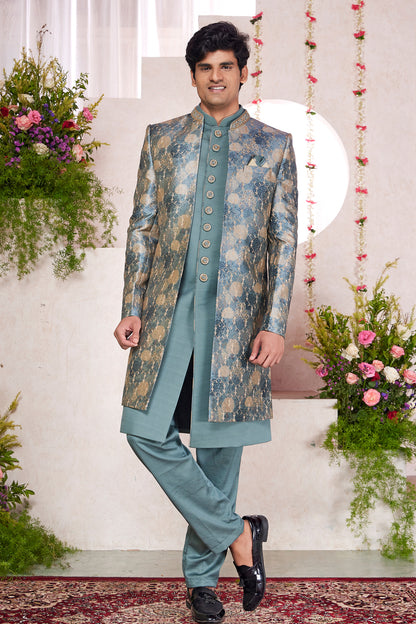 Embroidered Green Silk 3 piece Jacket Set (NMK-8410) - Nihal Fashions