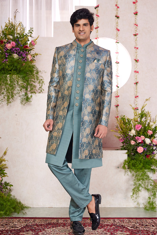 Embroidered Green Silk 3 piece Jacket Set (NMK-8410) - Nihal Fashions