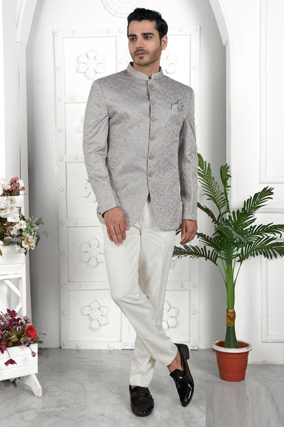 Embroidered Grey Art Silk Indo Western (NMK-7210) - Nihal Fashions