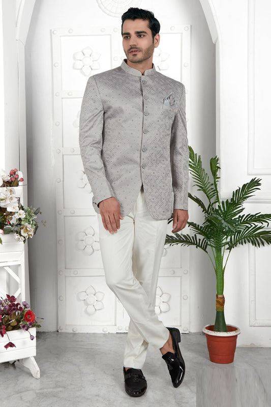 Embroidered Grey Art Silk Indo Western (NMK-7210) - Nihal Fashions