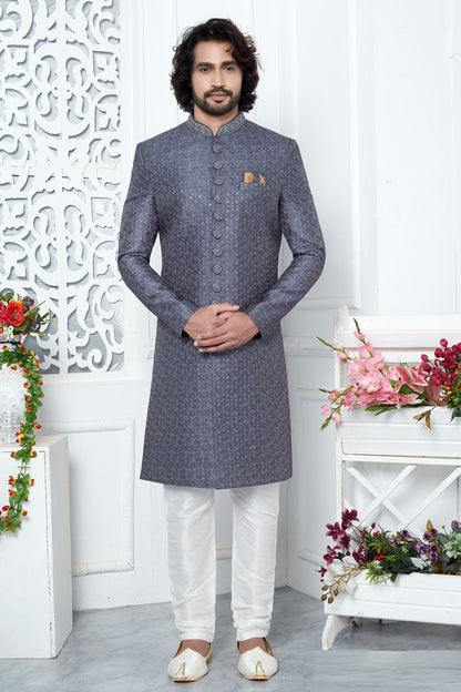 Embroidered Grey Art Silk Indo Western (NMK-7701) - Nihal Fashions
