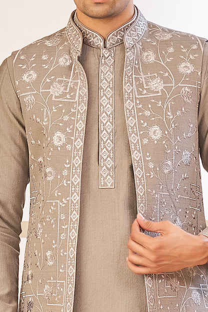 Embroidered Grey Art Silk Kurta Jacket (NMK-8060) - Nihal Fashions